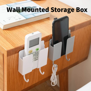 Punch Free Wall Mounted Storage Box Remote Control Phone Plug Holder Multifunction Rack with 2 Hooks