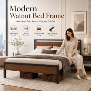 Premium Walnut Wood Bed Frame Modern Minimalist Design Heavy Duty Steel Frame With Noise Free Support