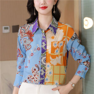 AMMIN 2025 Korean Style Light Luxury Chic Color Block Floral Print Shirt for Women Spring Autumn New French Lapel Design Single Breasted Graffiti Print Long Sleeve Elegant Blouse