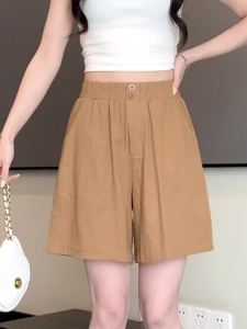 Ammin phong cách Hàn Quốc eo cao lỏng mỏng bình thường ống rộng quần phụ nữ 2024 cotton thoáng khí vải lanh Thắt lưng co giãn r nhăn kết cấu ý nghĩa của năm quần lửng