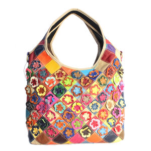 BeeGreen Women Colorful Leather Shoulder Bag Large Capacity Underarm Bag Flower Patchwork Handbag Classic Hobo Bag