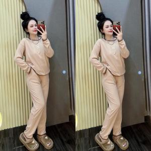 Set Bộ Nữ Thun Tăm Quần Ống Đứng Áo Tay Dài Thêu Thỏ Bo Viền