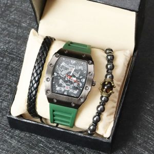 3Pcs Fashion Waterproof Luminous Mens Watch Set Gift Set Silicon Strap With Tiger Eye Stone Bracelet Woven Bracelet Waterproof Gift Box