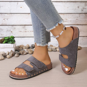 Matte Soft Leather Velcro Cork Sole 2026 New Breathable Casual Beach Sandals For Outdoor Wear
