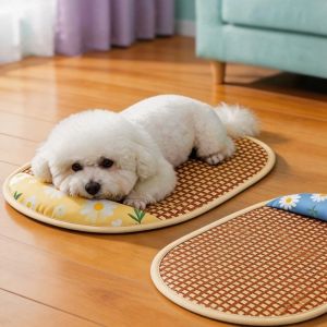 OUTOPEN with Pillow Pet Cooling Mat Sunflower Print Breathable Pet Rattan Weaving Sleeping Mat Rattan Mat Waterproof Kennel Mat Summer Use