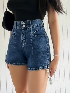 GHAOHES กางเกงยีนส์ขาสั้นเอวสูง 2 สี สีเข้มและสีอ่อน แบบทรง A ไซส์ S-5XL #6645