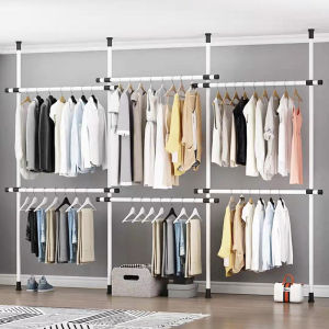 ไม้แขวนเสื้อแบบยืดหดได้ ราวแขวนเสื้อ 4 เสา 6 ราวแขวน ราวแขวนผ้า ราวแขวนไม่ต้องเจาะ ประกอบง่าย ใช้แทนตู้เสื้อผ้าได้ดี