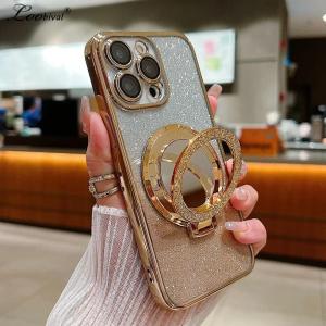 Glitter Diamond for Magsafe Bracket Case for iPhone 15 14 13 16 17 Pro Max Air 16 Plus 11 12 Xr Xs Ring Holder Gradient Cover