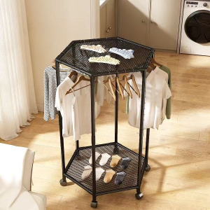 【Lucky Home】 360 Rotating Clothes Drying Rack Mobile Garment Organizer with Mesh Shelves Wheels for Bedroom Balcony