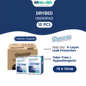 Hennson Dry Bed Underpad 75cm x 75cm 10S (12 Pck) Disposable Breatheable Adult Underpad