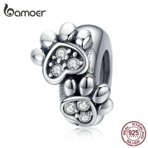 BAMOER Pets Footprint Stopper Charm for Women Original Silver 925 Bracelet DIY Jewelry Making Charms with Silicone SCC1312