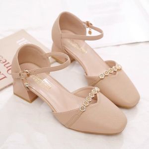 Free Shipping Summer Block-Heel Closed-Toe Sandals For Women 2026 New Style Mid-Heel Single-Strap Soft Leather Square-Toe Flats Versatile With Skirts