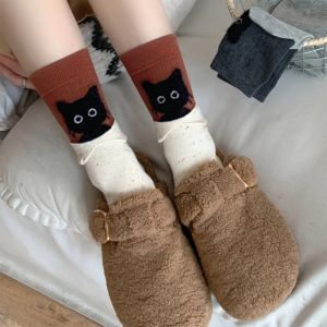 2026 Autumn Lovely Cartoon Black Cat Print Splice Sock Women Versatile Plush Warm Cotton Mid-Calf Socks Japanese Simple Daily Floor Socks