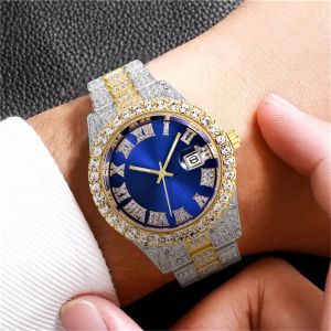 Luxury Mens Quartz Watch Gold Stainless Steel Diamond Strap Roman Calendar Digital Dial Men Wrist Watch for Men Hip Hop Wristwatches ice cuban watches