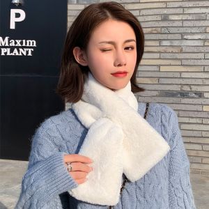HEALMEYOU Cute Elegant Warmer Girl Faux Rabbit Fur Plush Neckerchief Wrap Solid Color Plush Scarf Neck Warmer Cross Scarf Warm Scarf