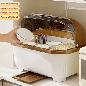 Household kitchen draining cupboard with lid drawer tableware floor dustproof dish shelf organizer
