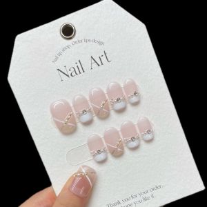 [HANDMADE]Artificial Nail Gentle French Milky White Nude Pink Color Contrast Pearl Line Hand-Painted Phototpy Nails Reusable and Removable Nails