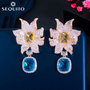 SEQUITO Vintage Micro Cubic Zirconia Exaggerated Big Flower Pave Retro Princess Cut Gemstone Long Dangle Earrings for Female SE349