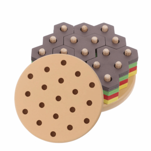 VERIDIAI Wood Blocks 3D Burger Puzzle Toy Hexagonal Sleeve Column Creative Hamburger 3D Blocks Educational Stacking Games Color Cognition Montessori Stacking Toys Children Early Learning