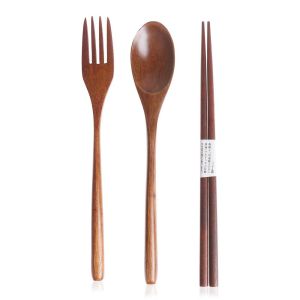 ZOOGGJZ สไตล์ญี่ปุ่น แฮนด์เมด แบบพกพา เป็นธรรมชาติ ตะเกียบช้อนส้อม กระเป๋าผ้า ทำด้วยไม้