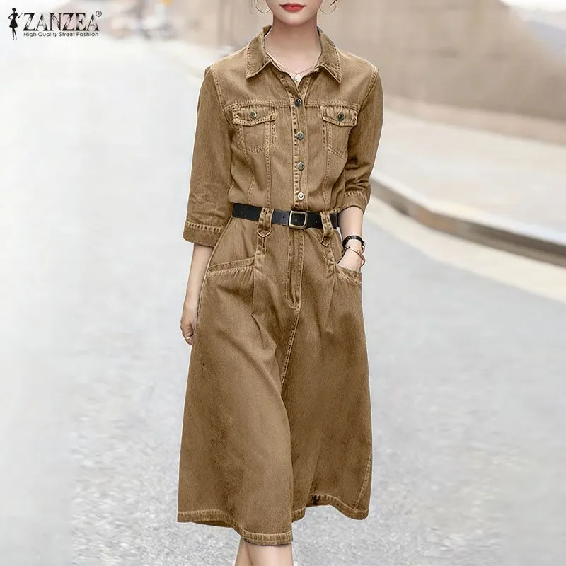 ZANZEA Korean Style Women Autumn Stylish Solid 3/4 Sleeve Dresses Lapel Midi Long Work Dress #1215
