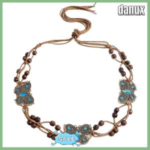 danux Bohemian Style Butterfly Water Diamond Woven Ethnic Style Handmade Wooden Bead Womens Belt Casual Vacation Style Waist Rope