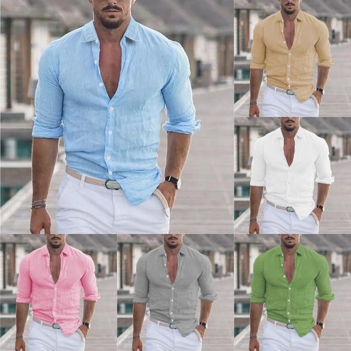 New Men Casual Cotton Linen Shirts Turn-Down Collar Solid Color Long ...