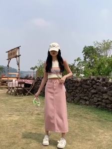 Chân Váy Denim Chữ a Lưng Cao Xẻ Tà Màu Hồng Thời Trang Mùa Hè Hàng Mới 2023 Dành Cho Bạn Nữ#X0605