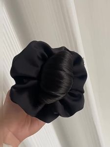 Black Satin Low Bun Hairpiece with Decorative Flowers for Elegant Updo Hairstyles. Suitable for Formal Events and Daily Wear. - Reliable Utility | Barangan Berkualiti Reka Bentuk Pra...
