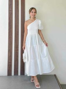 MAXI DRESS SMOCKING ONE SIDE PUFF SLEEVE DRESS [555566]