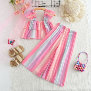 Bear Leader Korean Version Rainbow Striped Printed T-shirt Top and Wide Leg Pants Two-piece Set Summer Sweet Cute 3-7 Years Girls Clothes