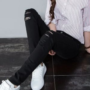 2025 New Korean Style Black and White Ripped Jeans for Women Slim Fit Pencil Pants Trendy Slimming Leggings