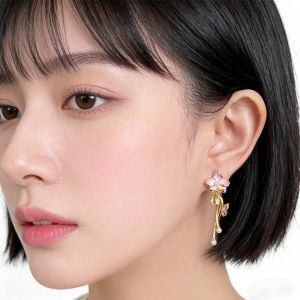 LUCKFRE 1 pair Jewelry Enamel Flower Earrings Temperament Exquisite Tassel Flower Eardrops Dangle Earrings Long Dripping Glaze Earrings Seaside Holiday