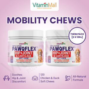 TWIN PACK - Enervets PawQFlex Dog Joint Hip & Cartilage Mobility Supplement - Pet Dogs Glucosamine - Chicken Flavoured Soft Chews for Dogs