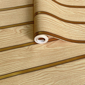 WALLPAPER DINDING DEKORASI STIKER DINDING RUANGAN MOTIF PANEL COKLAT MUDA GARIS GOLD 45CM X 8M