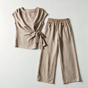 Chic Two Piece Outfit for Women Short Sleeves Wrap Tie Waist Blouse High Waist Wide Leg Pants  2427