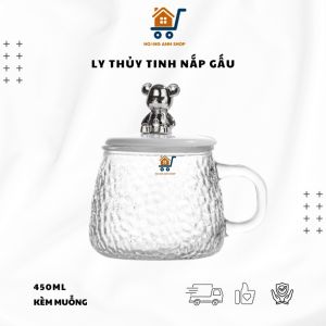 Ly Thủy Tinh Nắp Gấu Bear Kèm Muỗng Có Quai Cầm Long Lanh Sang Trọng Dung Tích 450ML Chịu Nhiệt Tốt