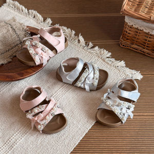 Crisscross Open Toe Girls Sandals Fully Encrusted with Mixed-size Glossy Faux Pearls and Sparkling Rhinestones Kids Shoes J06131