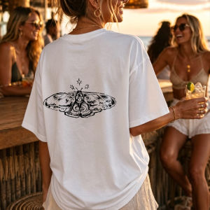 [Local Stock] HBESTY  Moth Graphic Print Short Sleeve Crew Neck T Shirt White Black Ink Stars Harajuku Y2k Top Vintage Clothes High Quality Cotton Top