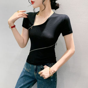 YIMEI Áo Cotton Màu Đen Có Khóa Kéo Áo Thun Nữ Dáng Ôm 2023 Thời Trang Nữ Xiên Ngắn Tay Lưới Mới Mùa Xuân Áo Phông Cổ Chữ V