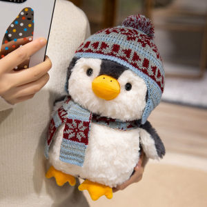 Cute Fluffy Cartoon Hat Scarf Penguin Plush Doll Pillow Black Pink Animal Plush Toy Home Decor Gift For Boys Girls