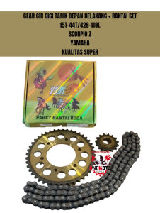 GIR GEAR GIGI TARIK DEPAN BELAKANG PLUS RANTAI SET 15T-44T/428-118L SCORPIO Z YAMAHA KUALITAS SUPER