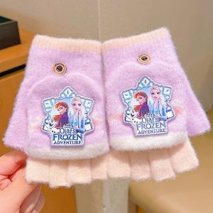 Princess Elsa Genuine Childrens Gloves Autumn Winter Warm Cartoon Knitted Half-Finger Gloves Student Cute Flip Writing