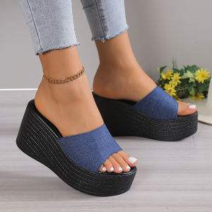 Slpers In-Stock Summer New Large Size WomenS Thick-Soled Sandals Wedge Heel Simple Summer WomenS Shoes