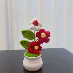 NOBLELYN Mini Crochet Flower Potted DIY Handwoven Crochet Potted Rose Flower Artificial Flowers Pot Office Desktop