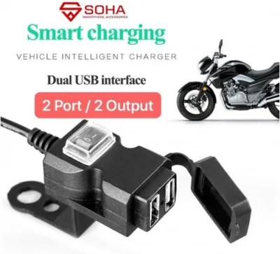 SOHA MLD-002 Charger Sepeda Motor Motorbike 2.1Ampere Anti Air Hujan WaterProof Tombol On Off + 2 Output Dual Port USB di Spion di Stang MLD-3021