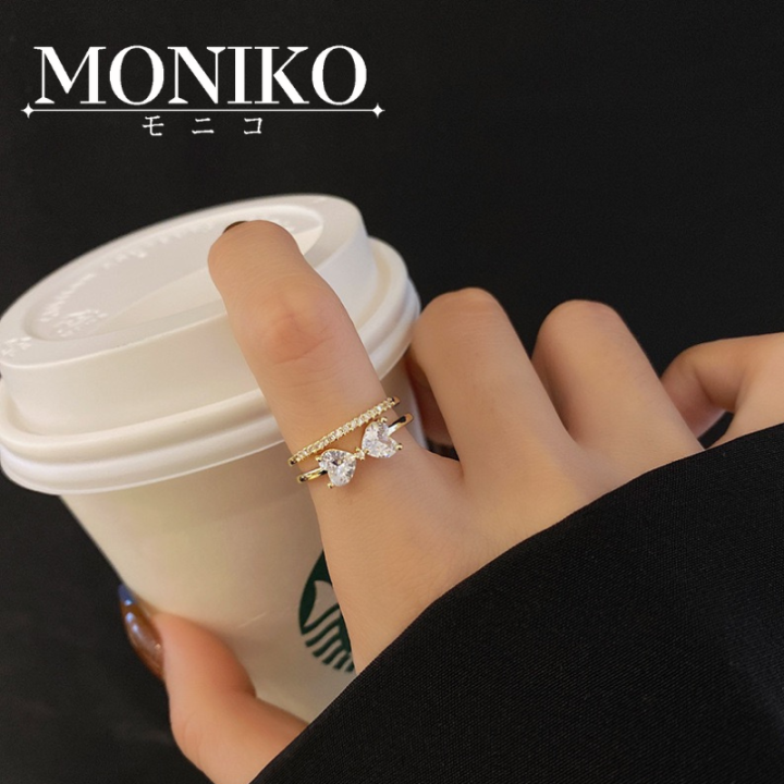 MONIKO Original Design 18k Gold Plated Bowknot Diamond Ring Shiny Double  Heart Ring Engagement Wedding Ring Gift Item for Girlfriend Couture Jewelry 