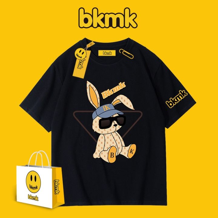 Bkmk ผ้าฝ้ายแขนสั้นสำหรับผู้ชายพิมพ์ลายการ์ตูนแบบหลวมกระต่ายเสื้อยืด ...