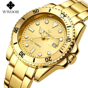 WWOOR Top Brand Luxury Mens Watch Stainless Steel Waterproof Complete Calendar Luminous hands Fashion Quartz Watch for Men
