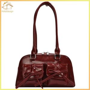 Women Casual Armpit Bag Double Pockets PU Leather Simple Shopping Bag with Bow Small Tote Bag Solid Color Chic Hobo Bag